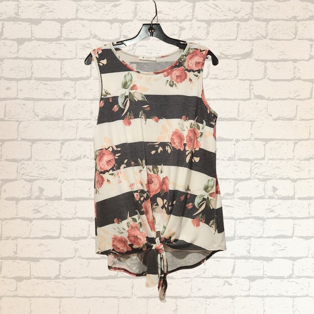 Rose's and Stripe Print Tie Knot Front Top Bombom Blouse Tank Women's Size M  …